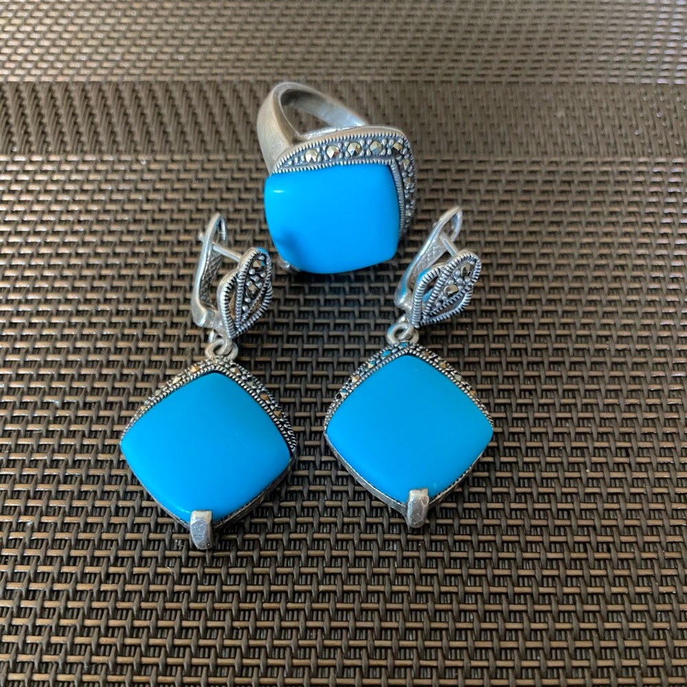 Turquoise Stone Jewelry Set- necklace, earrings, ring
